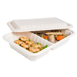 Cateringdoos 2 vakken met deksel suikerriet wit 800ml 22,5x15x4cm - per 50 Cateringdoos 2 vakken met deksel suikerriet wit 800ml 22,5x15x4cm - per 50