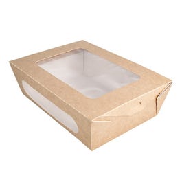Salade doos kraft karton + deksel met venster 1200cc 20,4x12,5x5cm - per 50 Salade doos kraft karton + deksel met venster 1200cc 20,4x12,5x5cm - per 50