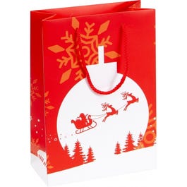 Luxe draagtas rood Kerstbal witte bollen slee 19+9x27cm - per 12 Luxe draagtas rood Kerstbal witte bollen slee 19+9x27cm - per 12